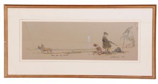 British, contemporary, Satirical sketch of a driven shoot, pen and wash on laid paper, inscribed '