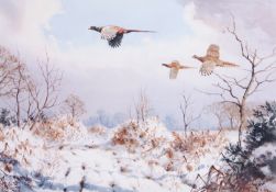 After J C Harrison (British, 20th century), Pheasants in the Snow, Planographic print, published