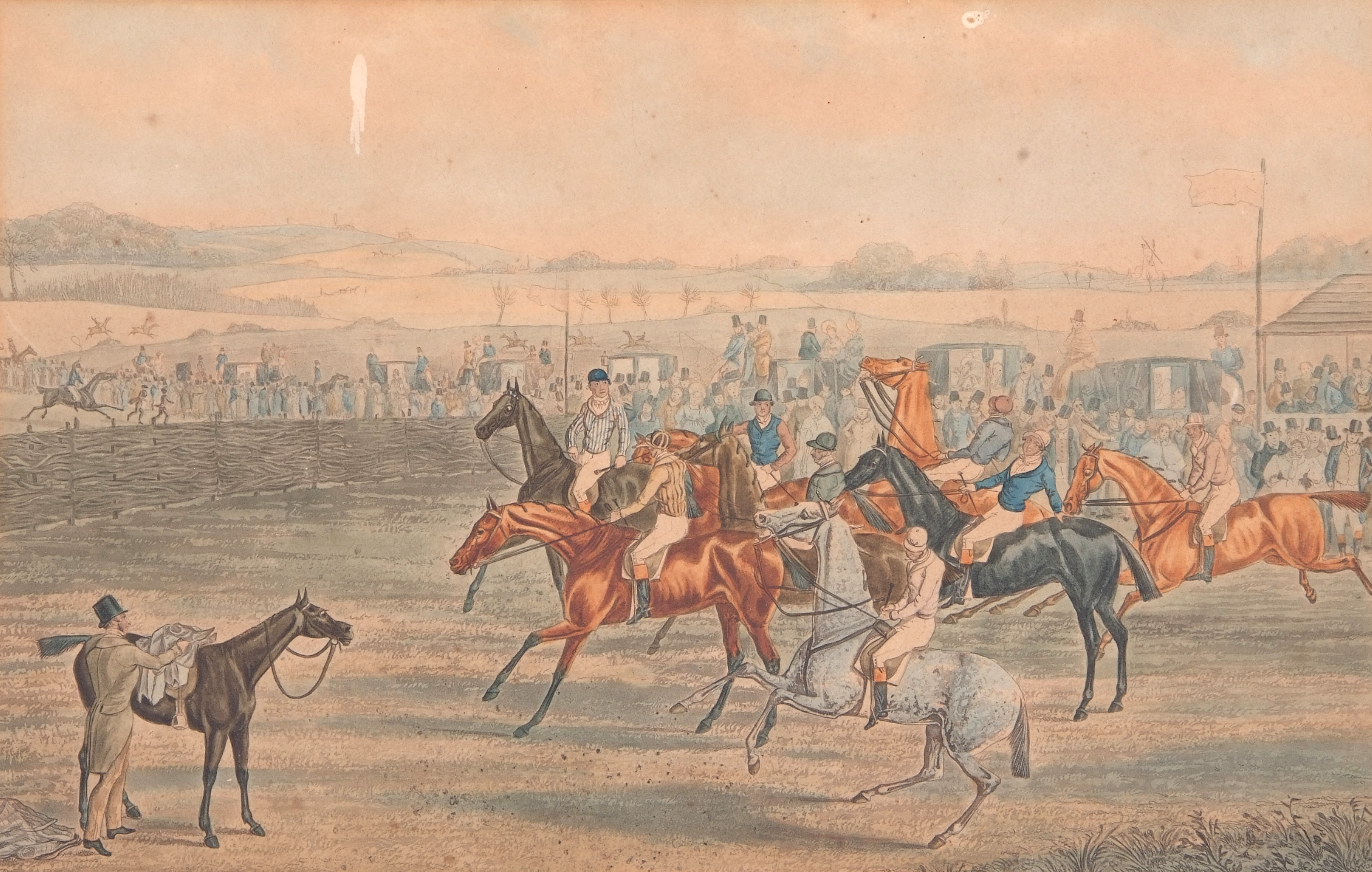 After Samuel Henry Alken (British, 19th century), 'A Hurdle Race', c1835: Pl 1 'Preparing to start - Image 4 of 8