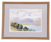 Bruce Henry (British, contemporary), Buzzards soaring above a lake, watercolour, signed, 8 x 12ins