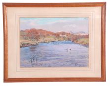 Donald Watson (British 20th Century), Goosander pair on the river Ken, Watercolour, signed, 1957,