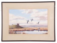Winston Megoran (British 20th Century), ‘The Estuary Marsh’ A flight of Shelduck, Watercolour,