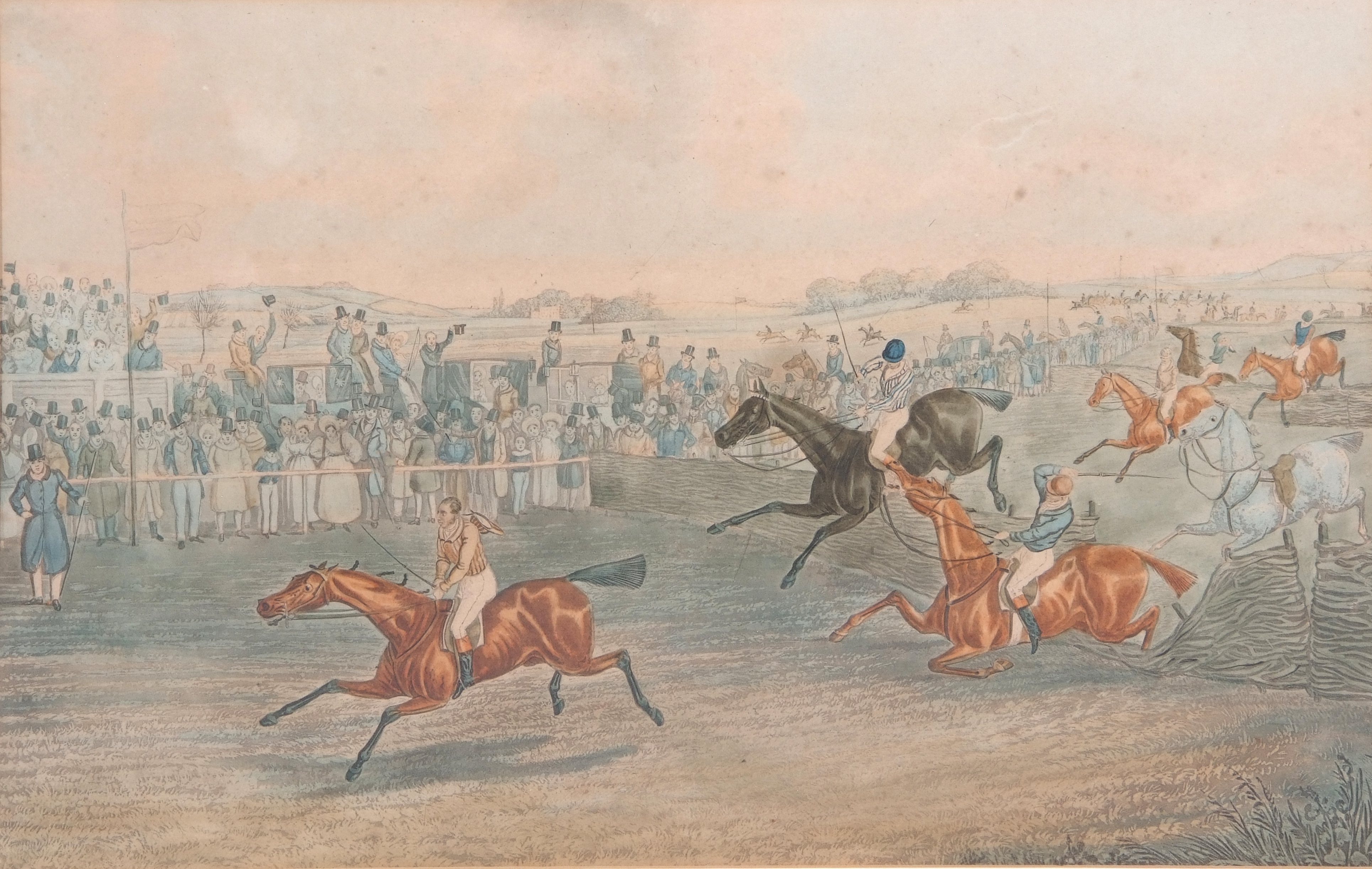 After Samuel Henry Alken (British, 19th century), 'A Hurdle Race', c1835: Pl 1 'Preparing to start - Image 2 of 8