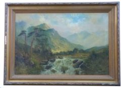 British, 20th century, Pair of Landscapes showing a castle overlooking a lake and mountain in