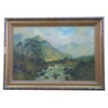 British, 20th century, Pair of Landscapes showing a castle overlooking a lake and mountain in