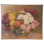 British 20th Century, Chrysanths in a vase, oil on canvas, signed withi monogram 'CD', unframed,