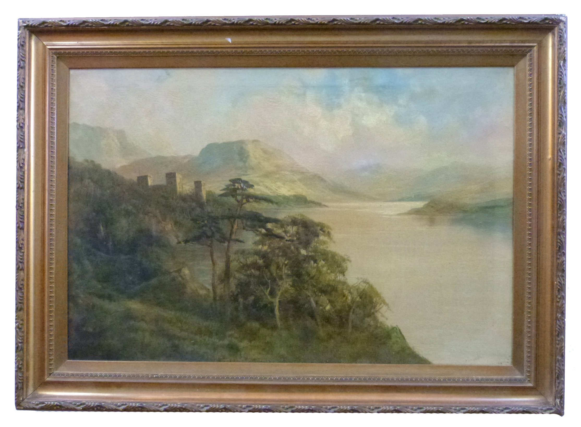 British, 20th century, Pair of Landscapes showing a castle overlooking a lake and mountain in - Image 3 of 4
