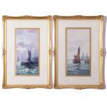 F W Scarborough (British, 19th century), Fishing boats in harbour (2), watercolour, signed, 7 x