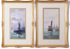 F W Scarborough (British, 19th century), Fishing boats in harbour (2), watercolour, signed, 7 x