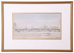 John Hunt (British 20th Century), Thames riverboat westward-bound overlooked by Southwark and