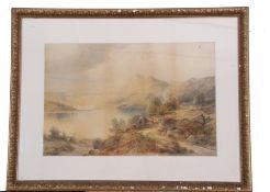 An atmospheric landscape overlooking a lake and mountainous range, watercolour, signed E A Krause (