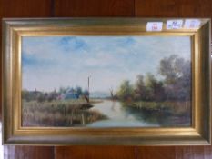 British, 20th century, Norfolk Broads with village in distance, oil on canvas, indistinctly