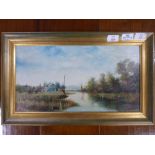 British, 20th century, Norfolk Broads with village in distance, oil on canvas, indistinctly