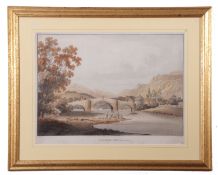 After Laport, engraved by B Comte, "Llanroost Bridge, Merionethshire", hand coloured aquatint,