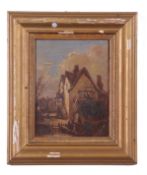 British 19th Century Rustic village scene with staffage, oil on board, 6 x 8ins