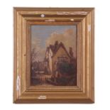 British 19th Century Rustic village scene with staffage, oil on board, 6 x 8ins