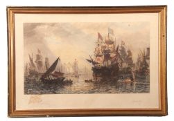 After Sir Oswald Walters Brierly, (British, 19th century), large coloured engraving, ships in