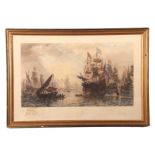 After Sir Oswald Walters Brierly, (British, 19th century), large coloured engraving, ships in