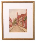 British 20th Century, A village lane with figures in the distance, watercolour, 5 x 7ins