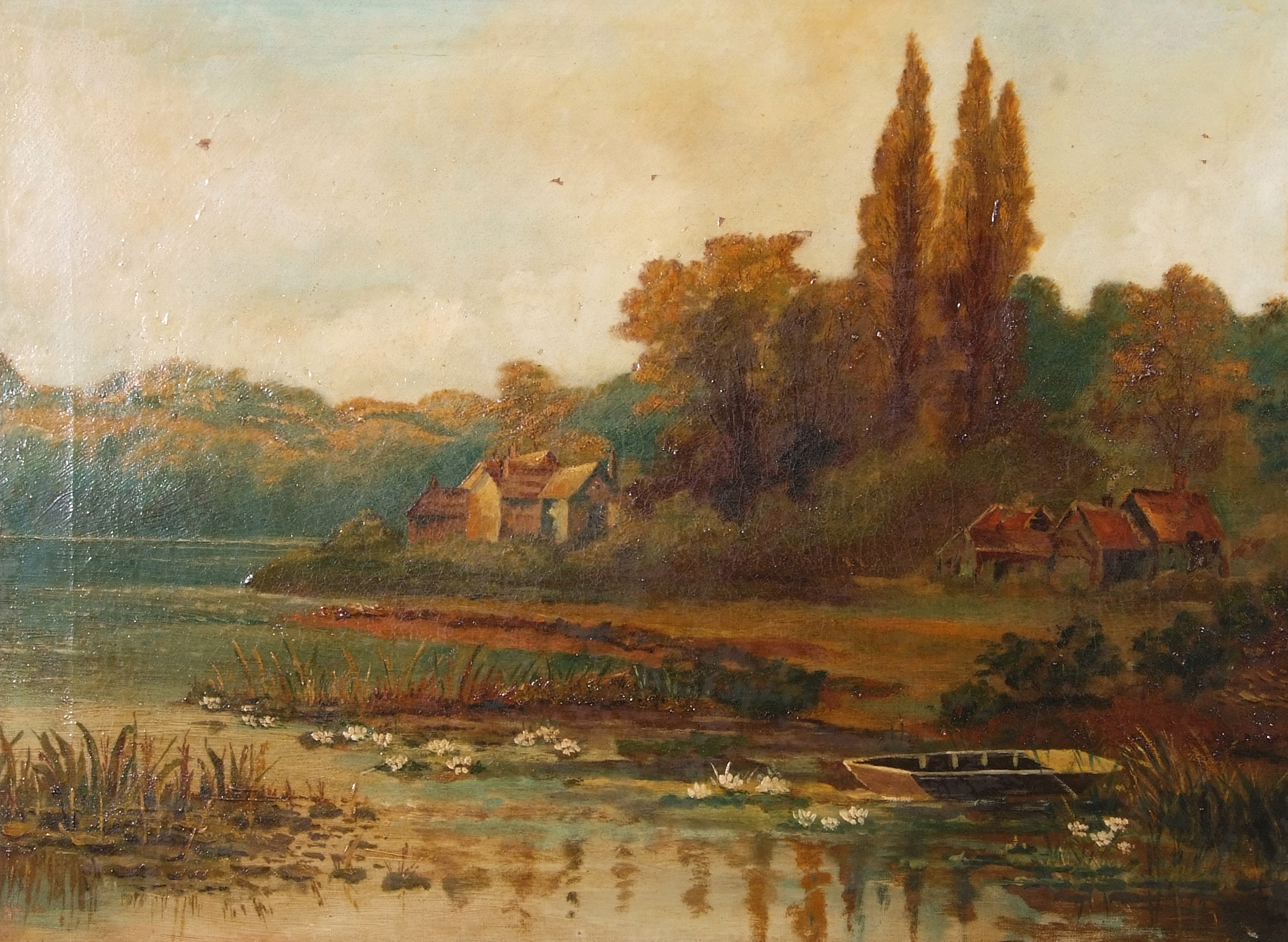 British, 20th Century, Landscape with farm buildings overlooking water, oil on canvas, 19 x 26ins - Image 2 of 2