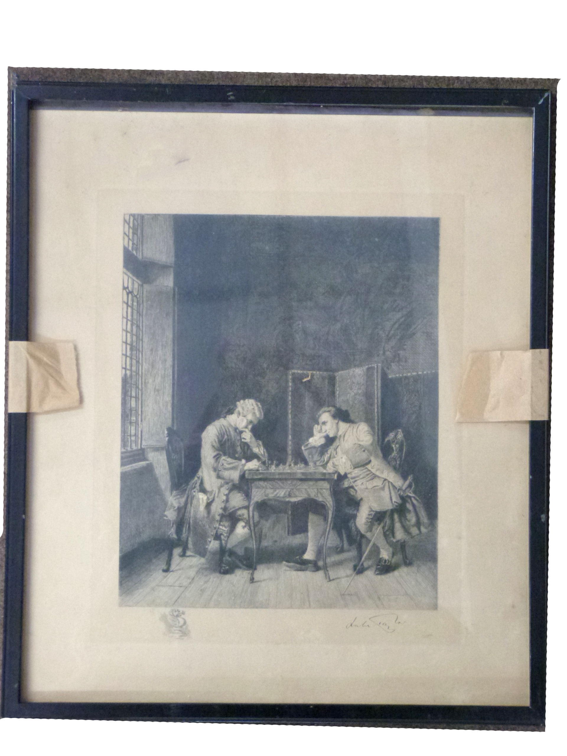 A 19th century or later etching of 'The Chess Players', inscribed and indistinctly signed, approx 11 - Image 2 of 2