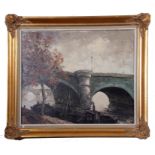 British 20th Century, A bridge with a moored barge, oil on canvas, indistinctly signed, 19 x 23ins