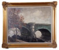 British 20th Century, A bridge with a moored barge, oil on canvas, indistinctly signed, 19 x 23ins