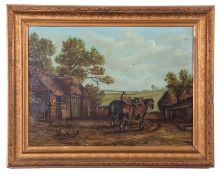 Attributed to George Morland, British, Late 20th Century, Shire Horses driven from a farmstead,