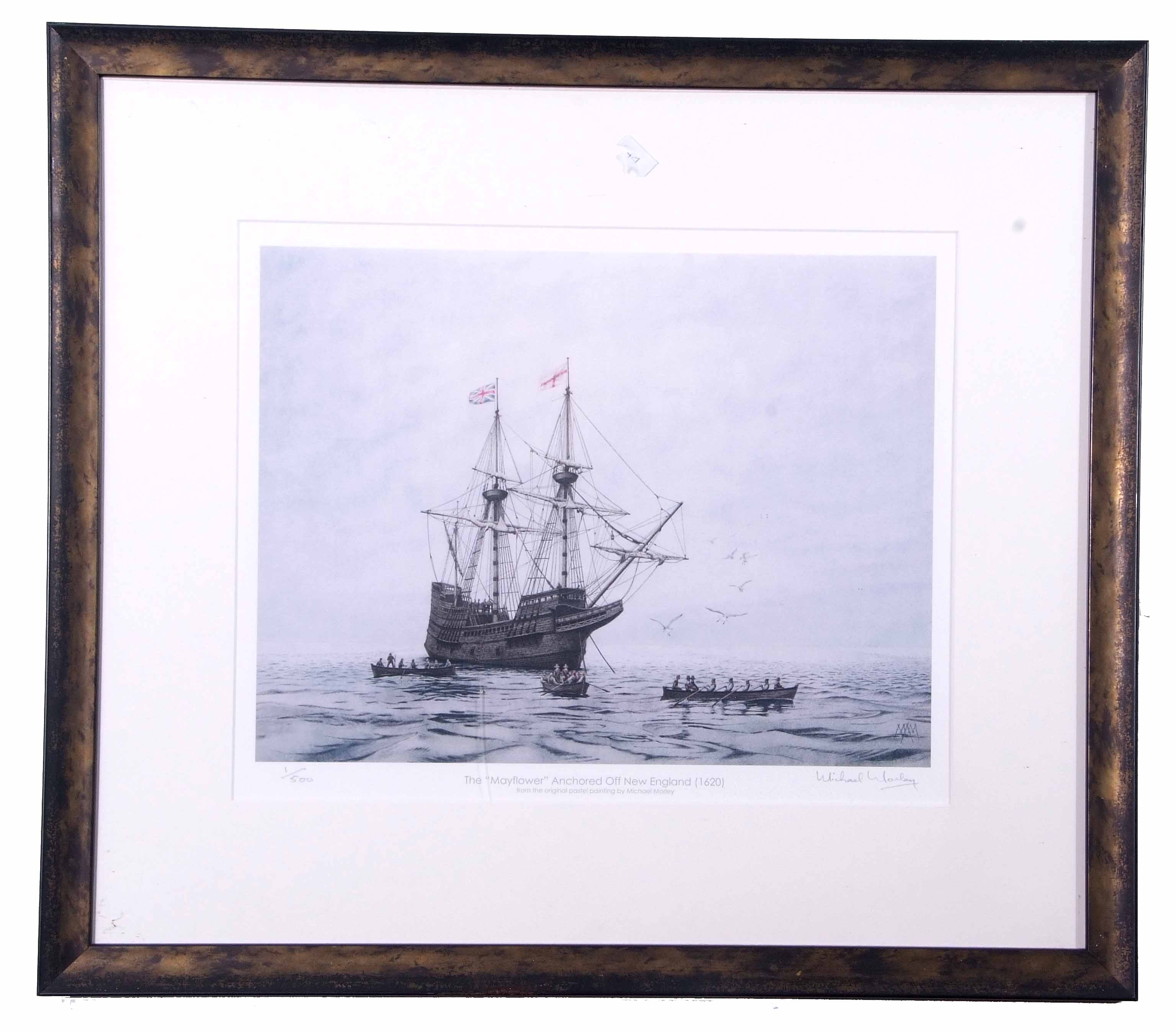 Michael Morley (British 20th Century), The Mayflower anchored off New England, Limited edition print