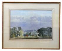 British, 20th century, Landscape with woodland and buildings beyond, watercolour, 36 x 53cm