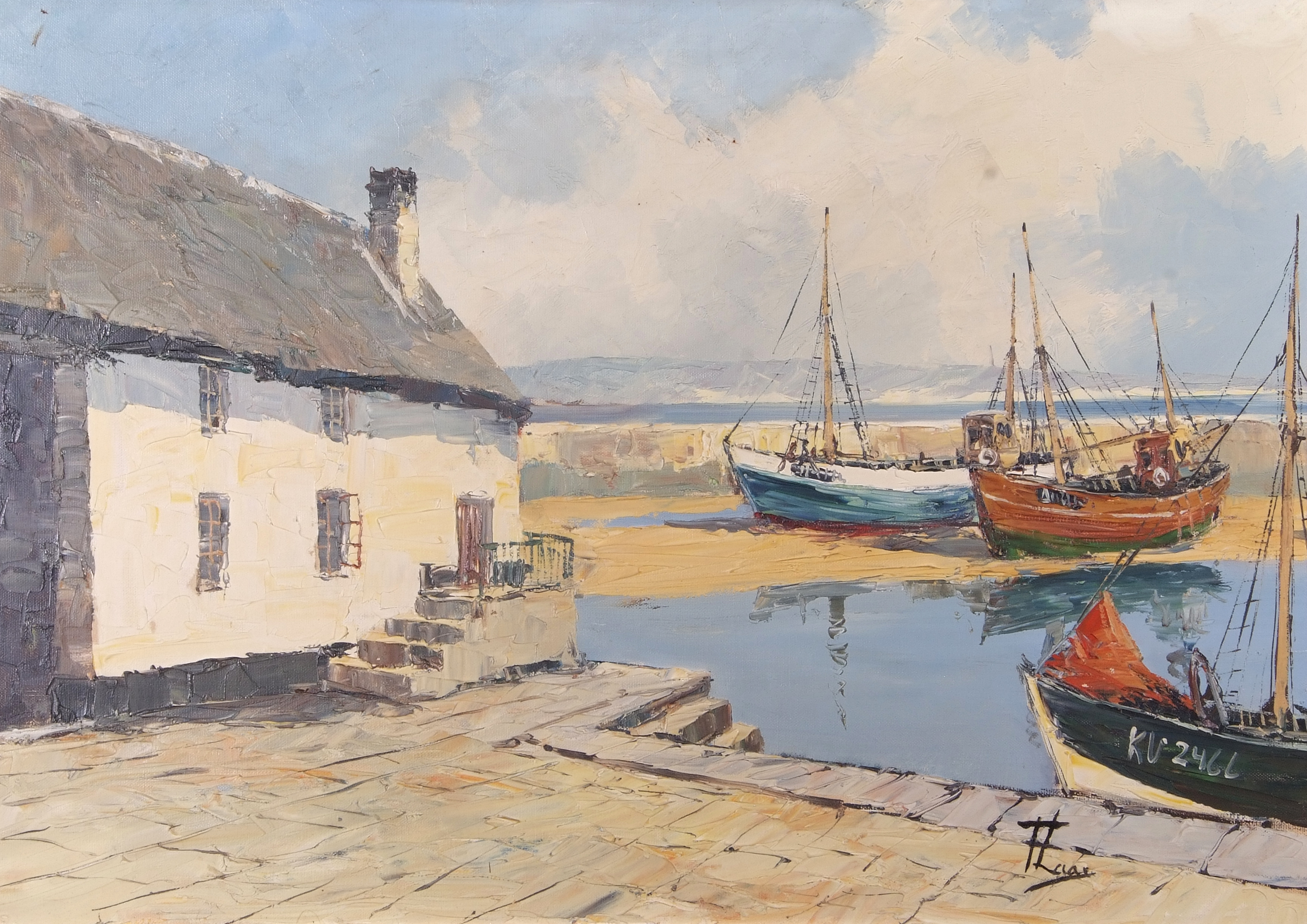 Bernhard Laarhoven (Dutch, 20th century) Small fishing harbour at the channel coast, oil on - Image 2 of 2