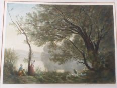 A pastoral landscape with mother and daughter by a tree, and a further landscape with two figures
