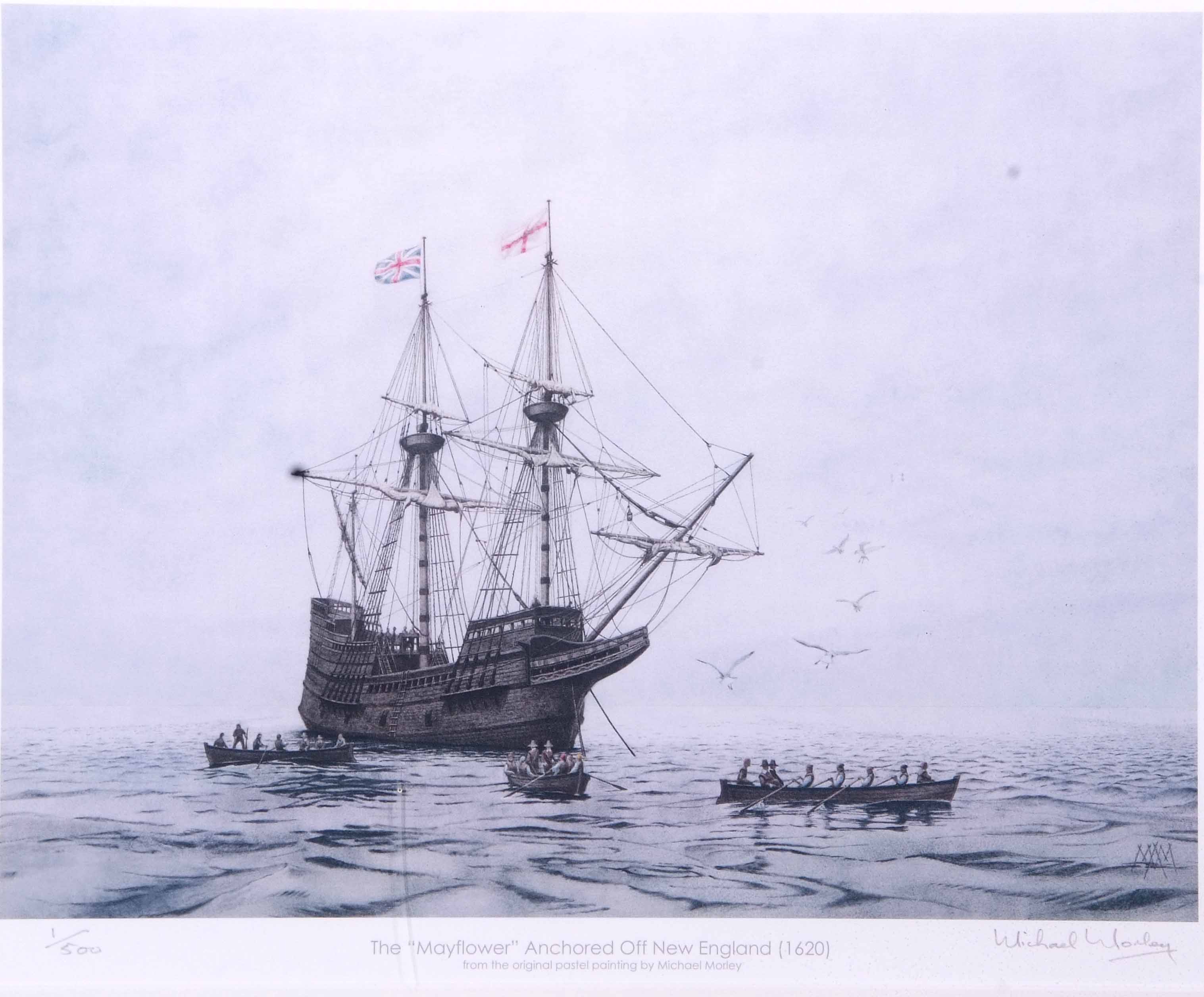 Michael Morley (British 20th Century), The Mayflower anchored off New England, Limited edition print - Image 2 of 2