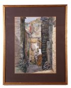 E John Collyer, (British, 20th century), watercolour, Mountainous Village Street Scene, 37 x 27cm