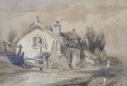 John Thistle, (British, 19th century), A hillside stone cottage with staffage, monotone,