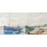 Jean Kevan (British 20th Century), 'Bringing in the Catch at Leigh' , oil on board, signed,