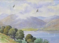 Bruce Henry (British, contemporary), Buzzards soaring above a lake, watercolour, signed, 8 x 12ins