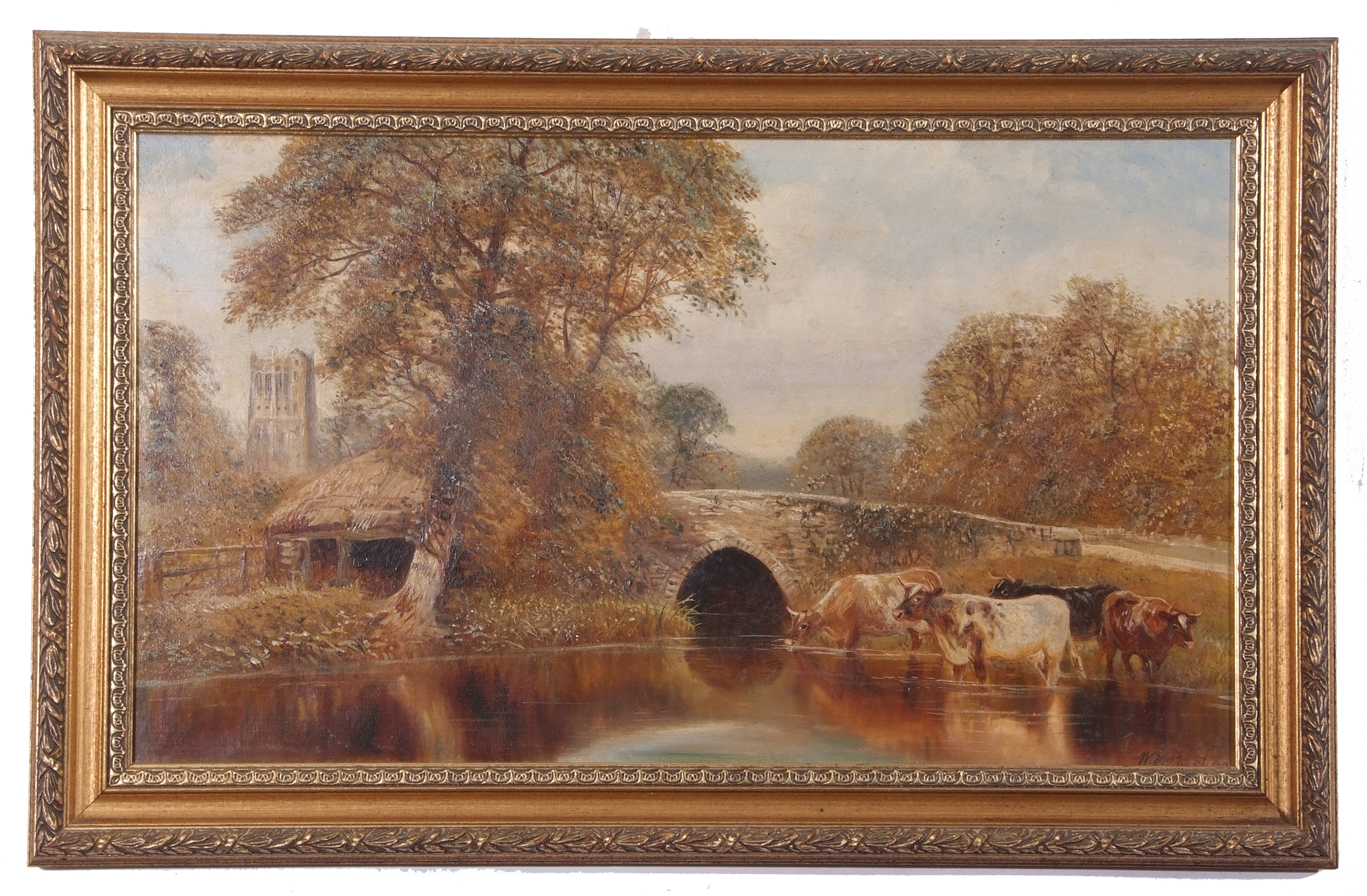 British 19th Century, A landscape with cattle overlooked by a stone bridge and parish church, oil