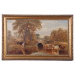 British 19th Century, A landscape with cattle overlooked by a stone bridge and parish church, oil