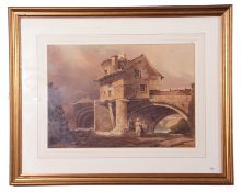 British 19th Century, A river bridge with gate tower, watercolour, 11 x 16ins