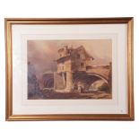 British 19th Century, A river bridge with gate tower, watercolour, 11 x 16ins