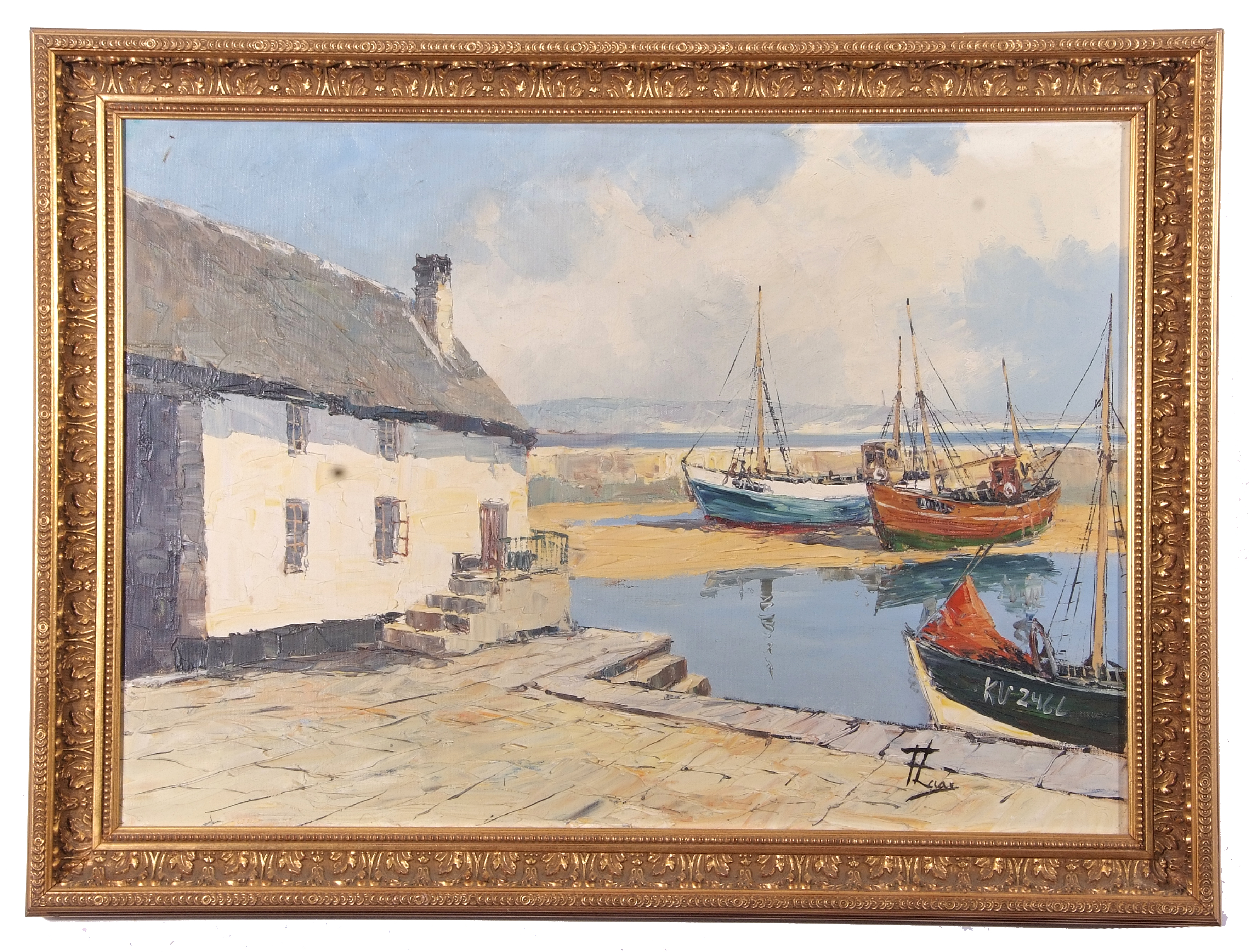 Bernhard Laarhoven (Dutch, 20th century) Small fishing harbour at the channel coast, oil on