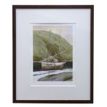 AR Norman Sayle, Moored boat coloured print, signed and numbered 10/395 in pencil to lower margin 33