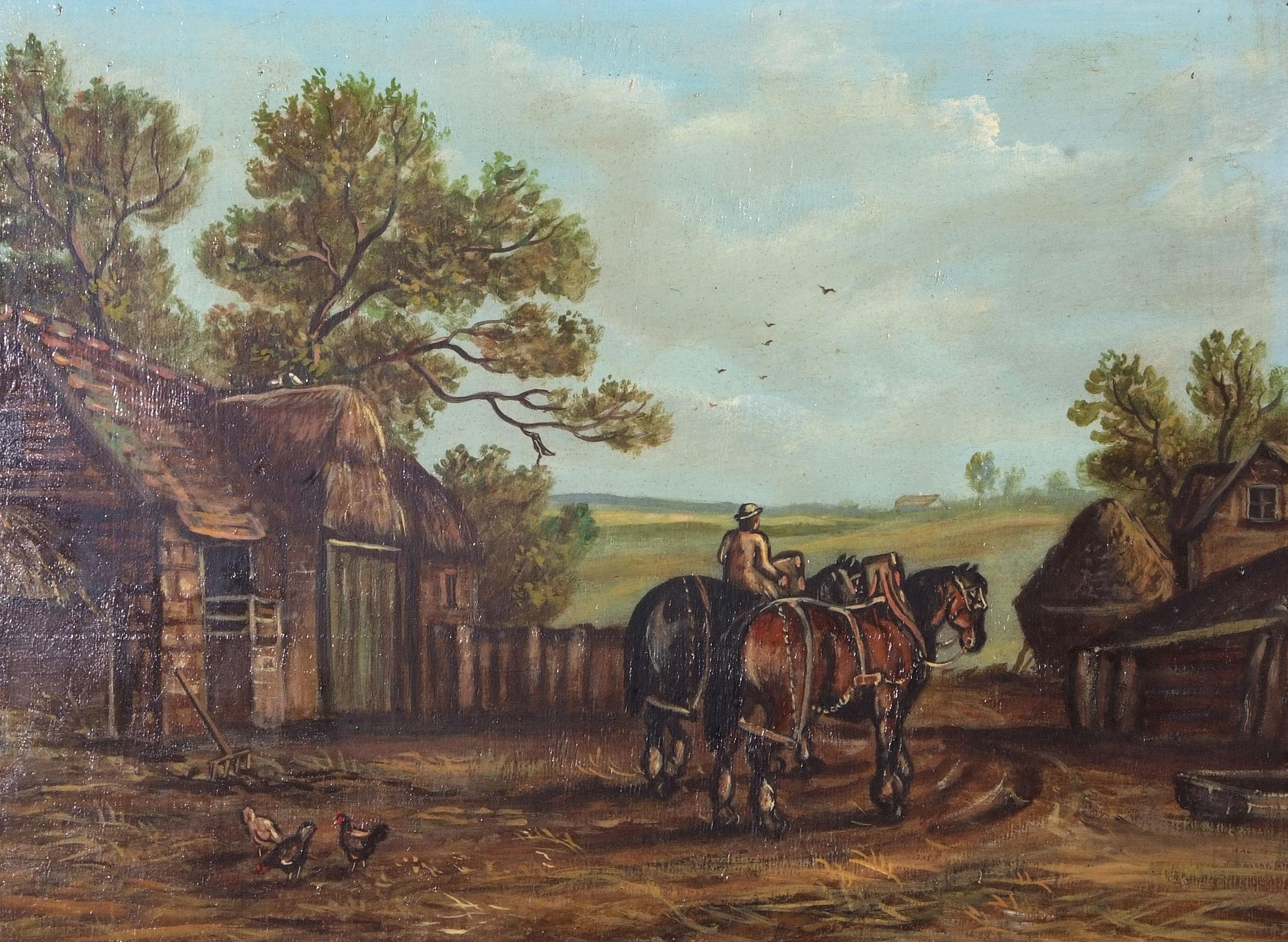 Attributed to George Morland, British, Late 20th Century, Shire Horses driven from a farmstead, - Image 2 of 2
