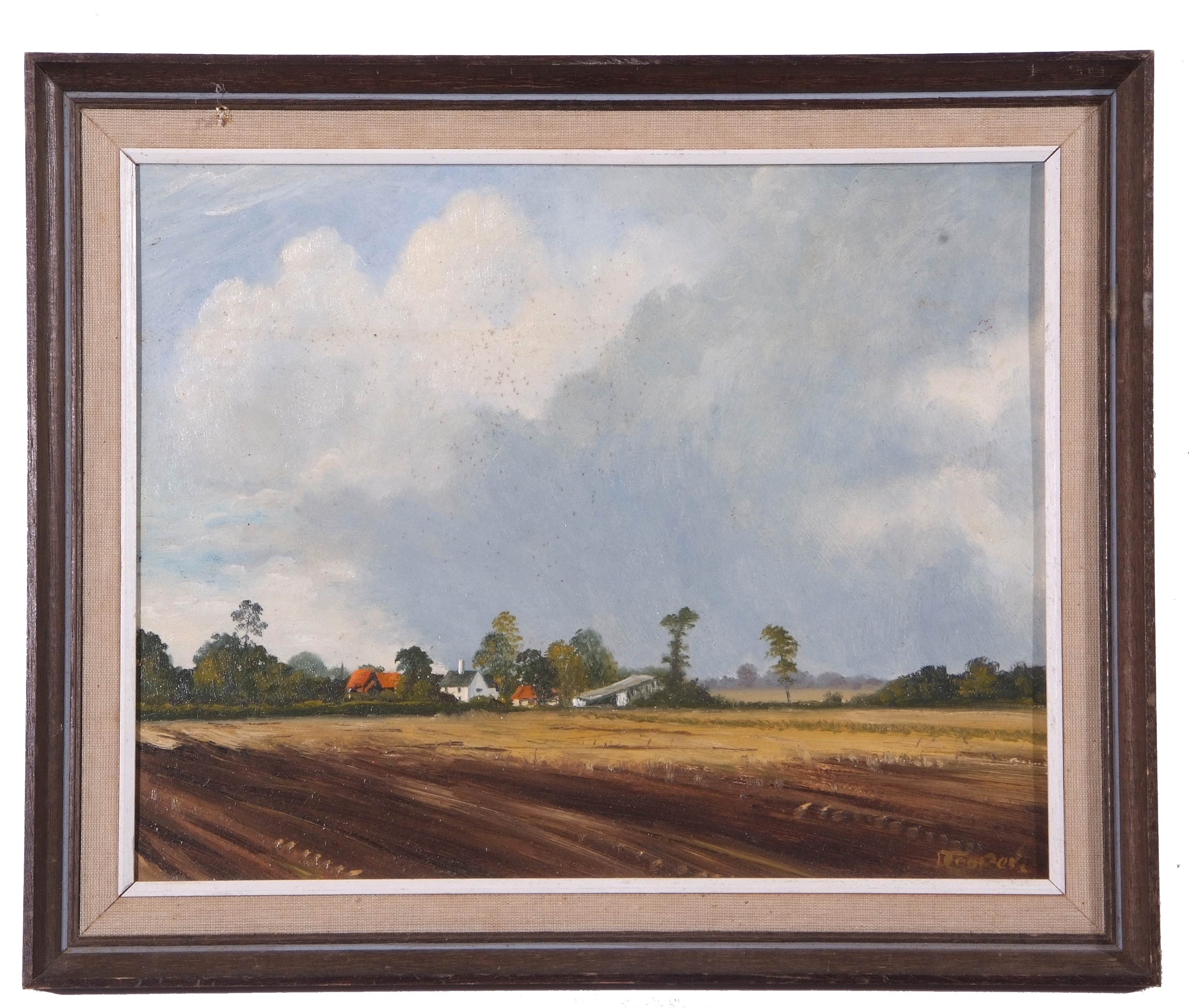 British 20th Century, Norfolk landscape with farmstead surrounding by cultivated fields, oil on