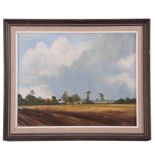 British 20th Century, Norfolk landscape with farmstead surrounding by cultivated fields, oil on
