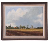 British 20th Century, Norfolk landscape with farmstead surrounding by cultivated fields, oil on