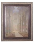 British 20th Century, An unidentified cathedral interior, possibly Peterborough, mixed media,