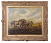 British, late 19/20th Century, Landscape with Ploughman, oil on board, 17 x 21ins