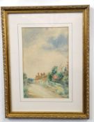 A G Hardy (British, 20th century), A country lane leading to a row of houses, watercolour, signed,